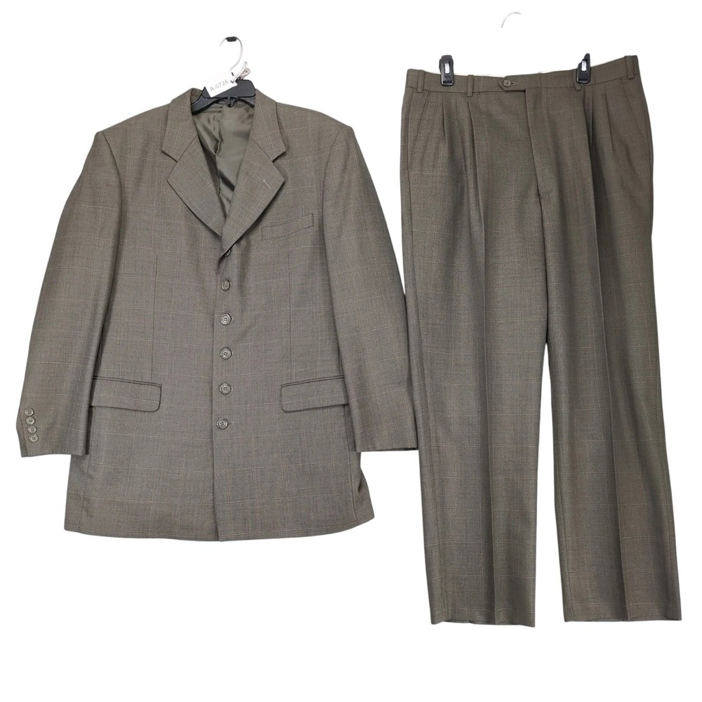 Bendetti Brown Windowpane 2pc Wool Suit Mens 44R 6-Button Jacket 36x31" Pants